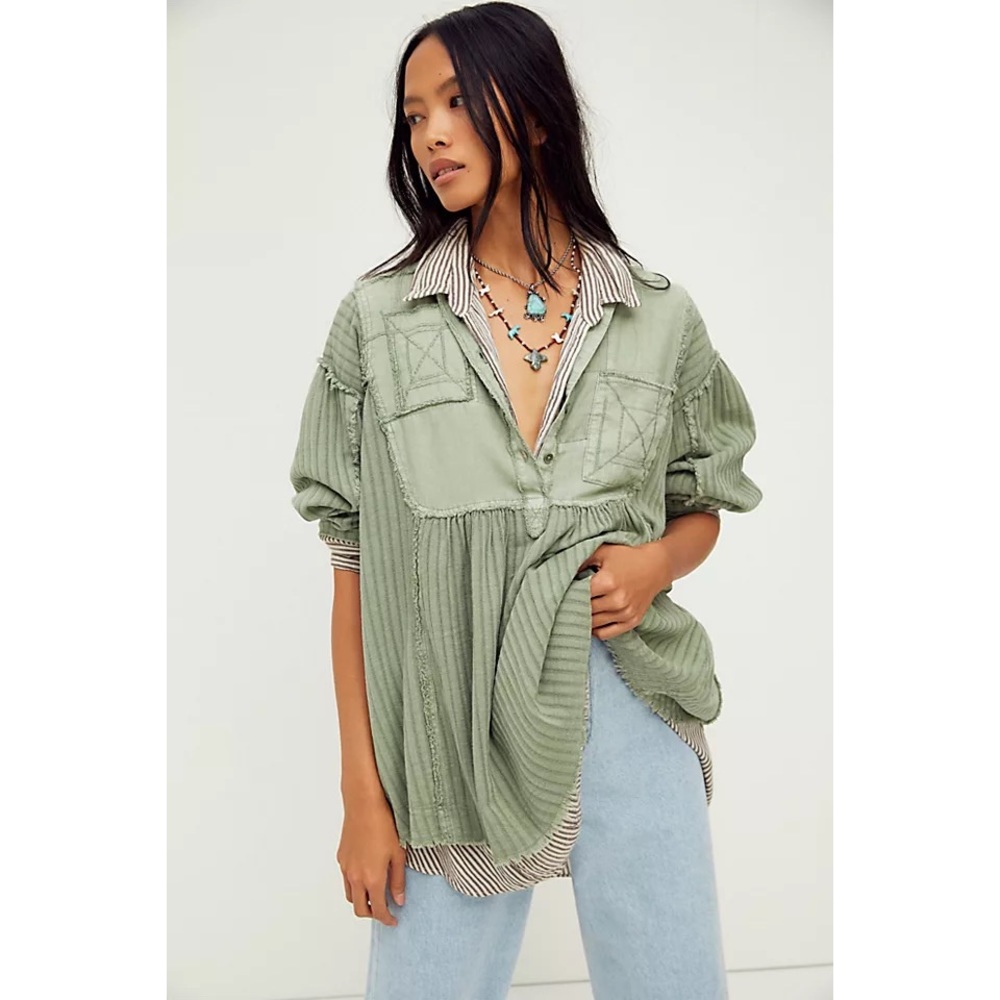 Free People Oversized Sage Green Button-Front Top